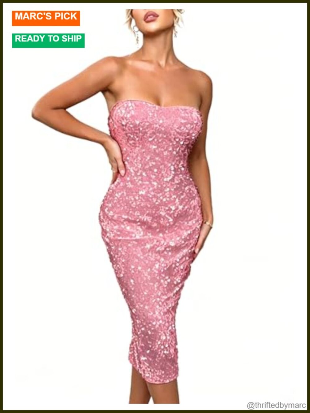 Sparkly Sequin Strapless Midi Dress Sleeveless Bodycon Cocktail Party